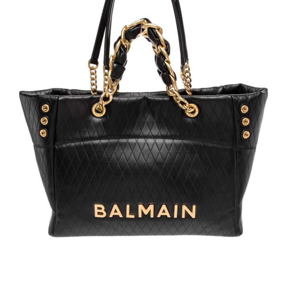 Balmain Black Quilted Tote with Gold Accents 
• Protective Feet at Base